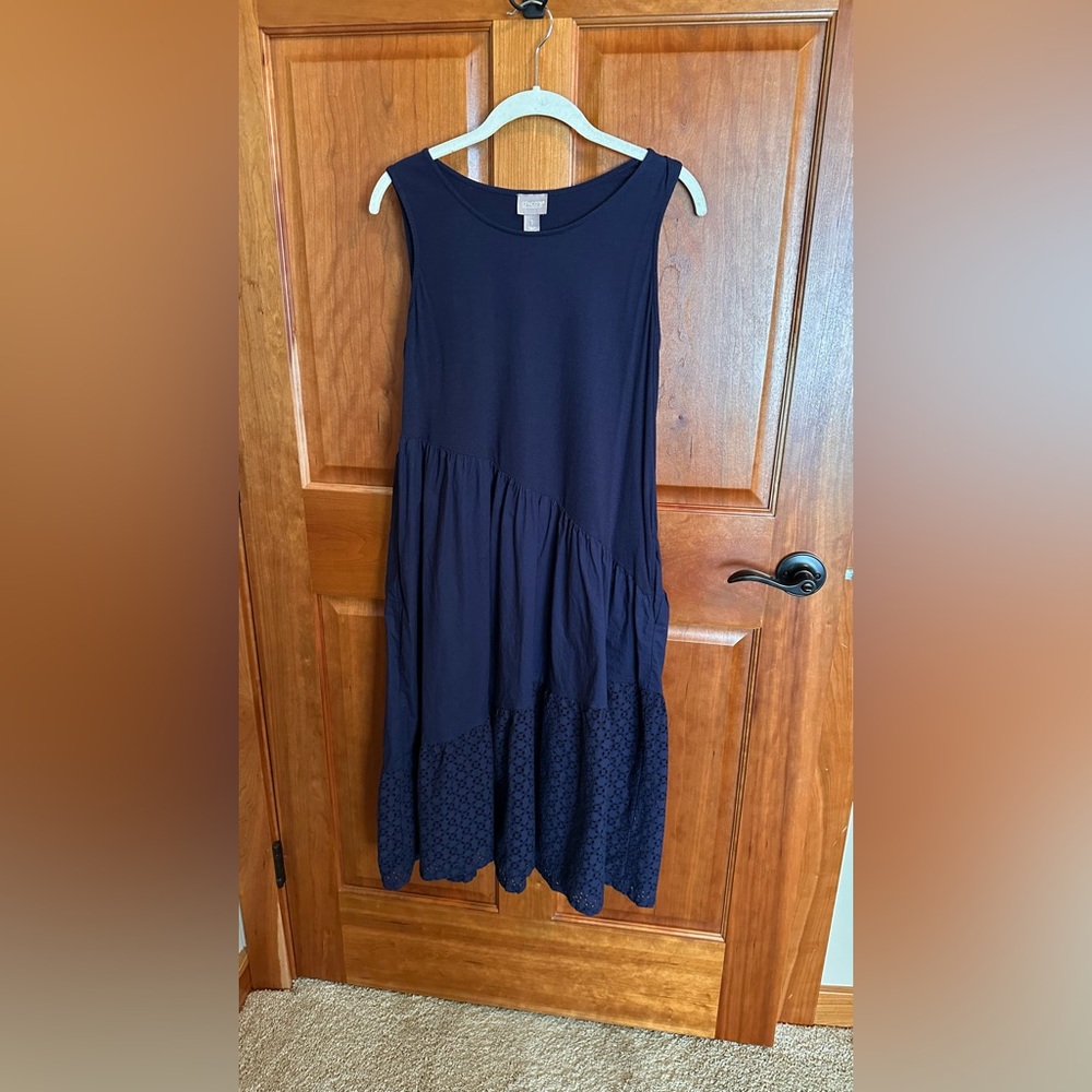 Elegant Chico’s Navy Sleeveless Dress with Asymmetric Eyelet Ruffle